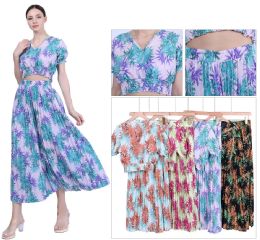 48 Pieces Women's Tropical Floral Print Pleated Crop Top and Maxi Skirt Two-Piece Set S-M, L-XL - Womens Sundresses & Fashion