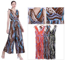 48 Pieces Women's Abstract Print TiE-Shoulder Smocked Waist Pleated Jumpsuit S,m, L, xl - Womens Sundresses & Fashion