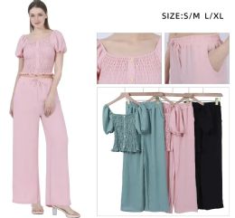 48 Sets Women's Puff Sleeve Smocked Crop Top and Wide-Leg Pants Two-Piece Set S/m, L/xl - Womens Sundresses & Fashion