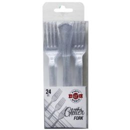 48 Wholesale 24-Piece Plastic SILVER GLITTER CUTLERY FORK