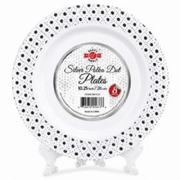 24 Pieces 10.25" Silver Polka Dot Plates 8-Piece - Plastic Bowls and Plates
