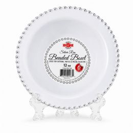 36 Pieces 12oz White & Silver Round Beaded Bwl 6-Piece - Plastic Bowls and Plates