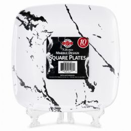 24 Pieces 7.25" White Marble Pattern Square Plastic Plate 10-Piece - Plastic Bowls and Plates