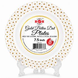48 Pieces 7.5" Gold Polka Dot Plates 8-Piece - Plastic Bowls and Plates