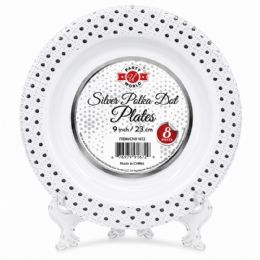 36 Pieces 9-inch Silver Polka Dot Plates 8-Piece - Plastic Bowls and Plates