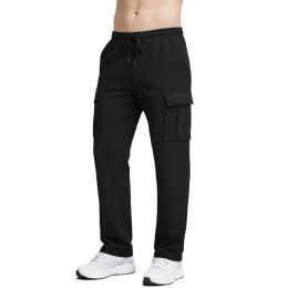 24 Packs Men's Fleece Lined Cargo Sweatpants With Open Bottom Black Size Medium - Mens Sweatpants