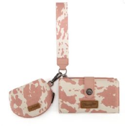 4 Pieces Wrangler Cow Print Wallet & Coin Pouch Wristlet Set - Dark Pink - Leather Purses and Handbags
