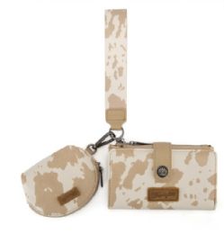 4 Pieces Wrangler Cow Print Wallet & Coin Pouch Wristlet Set - Tan - Leather Purses and Handbags