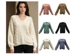 24 Pieces Women's V-Neck Cable Knit Sweater - Womens Sweaters & Cardigan
