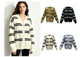 24 Pieces Women's Button-front V-Neck Striped Cardigan - Womens Sweaters & Cardigan