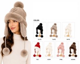 72 Pieces Knit Faux Fur Pom Pom Trapper Hat Adult Size - Winter Sets Scarves , Hats & Gloves
