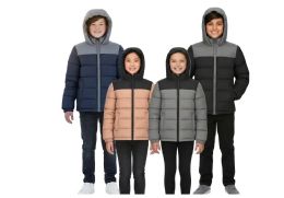 10 Wholesale Youth Winter Hooded Two Tone Puffer Coat - 4 Colors