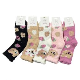 120 Pieces Women's Fuzzy Printed Terry Crew Socks Assorted - Womens Crew Sock