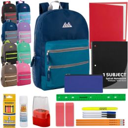 17-Inch Double Front Zippered Pocket Backpack With 20-Piece School Supplies Kit - 9 Colors