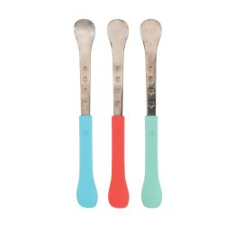 24 pieces Nuby 3-Pack 2-IN-1 Stainless Steel Feeding Spoons With Long Handles - Assorted Colors - Baby Utensils