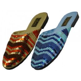 24 Wholesale Women's Chevron 5-10 Hand Sequin Upper Slide Sandals