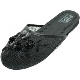 48 Wholesale Ladies' Mesh Slippers With Sequins Black