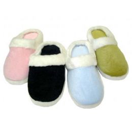 48 Pairs Girl Solid Color Velour With Fur Cuff Colors: Black, Lt. Blue, Lt. Pink And Green - Girls Slippers