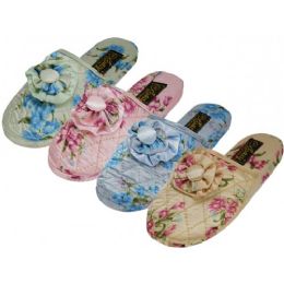 48 Wholesale Ladies' Satin Floral Slippers Colors: Blue, Pink, Green