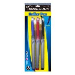 48 Wholesale Roller Pens - 3 Pk - Black,blue,red Ink