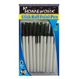 48 Wholesale Stick Pens - 10 Pk - Black Ink - Hang Bag