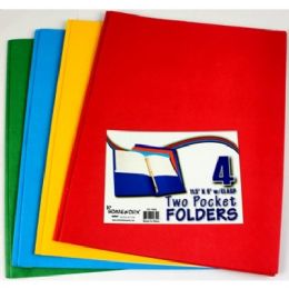 48 Wholesale Two Pocket Folders - W/3 Fastners -Asst Cls -4 Pack Bag