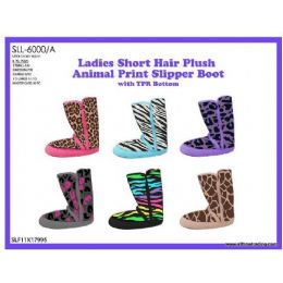 36 Wholesale Ladies Short Hair Plush Animal Print Slipper Boot With Tpr Bottom