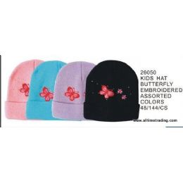 144 Units of Kids Hat With Butterfly Embroidery - Junior / Kids Winter Hats