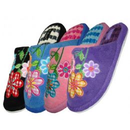 48 Wholesale Ladies Plush Slipper With Flower Embroidery