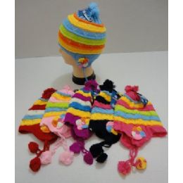 72 Pieces Child's Knit Cap With Ear Flap And PompoM--Flowers - Junior / Kids Winter Hats