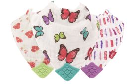 48 pieces Nuby 3pk Muslin Bib With Teether (butterflies / Lines / Flower - Baby Accessories