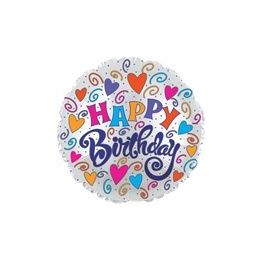 100 Pieces Mylar 18" DS-Birthday Hearts & Swirls - Balloons & Balloon Holder