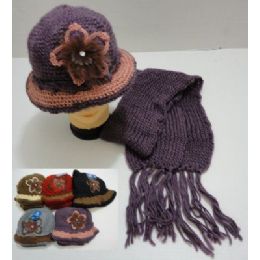 48 Pieces Hand Knitted Fashion Cap & Scarf SeT--Lg Flower - Fashion Winter Hats