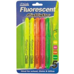 72 Wholesale 5 Piece Fluorescent Highlighter Asst Colors