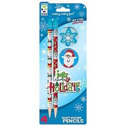 96 Wholesale 2 Ct Jolly Holiday Pencil With Eraser Toppers