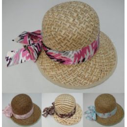 48 Wholesale Womans Straw Hat With Printed Bow
