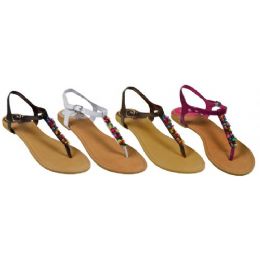 36 Wholesale Ladies Thong Flat Sandal With Color Beads