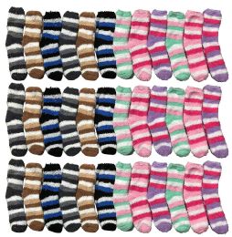 36 Units of Yacht & Smith Kids Stripe Color Fuzzy Socks Size 4-6 - Girls Socks & Tights
