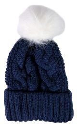 Yacht & Smith Womens Pom Pom Beanie Hat, Winter Cable Knit Hat, Warm Cap, 3" Poms Navy