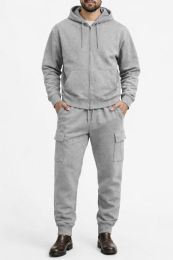 Cotton Fleece Cargo Jogger And Zipper Hoodie Set In Heather Gray Assorted Sizes M- 2xl