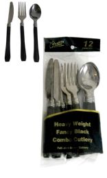 48 Pieces Silver Coated Plastic Combo Cutlery With Black Handle 12 Count - Disposable Cutlery