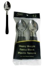 48 Pieces Silver Coated Plastic Spoon With Black Handle 12 Count - Disposable Cutlery