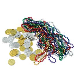 12 Units of Treasure Loot 12-Asstd Color Beads & 50-Gold/silver Coins - Party Novelties