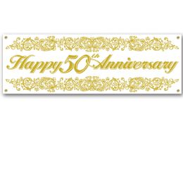 12 Pieces 50th Anniversary Sign Banner AlL-Weather; 4 Grommets - Party Banners