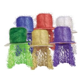 6 of Tinsel Top Hat W/curly Wig Asstd Colors; One Size Fits Most