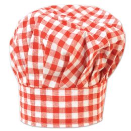 12 of Gingham Fabric Chef's Hat Red; One Size Fits Most; Velcro Closure