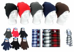 Adult Beanie Knit Hats, Magic Gloves, And Checkered Scarves Combo Packs