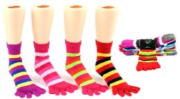 24 Pairs Girl's Toe Socks - Striped Print - Size 6-8 - Woman & Junior Girls