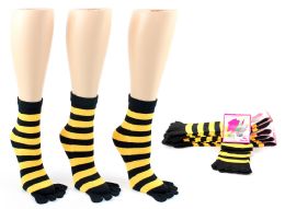 24 Units of Women's Toe Socks - Black & Gold Striped Print - Size 9-11 - Women's Toe Sock