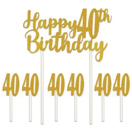 12 Pieces Happy  40th  Birthday Cake Topper 6-1  X 3.5  '40' Picks Included - Party Accessory Sets
